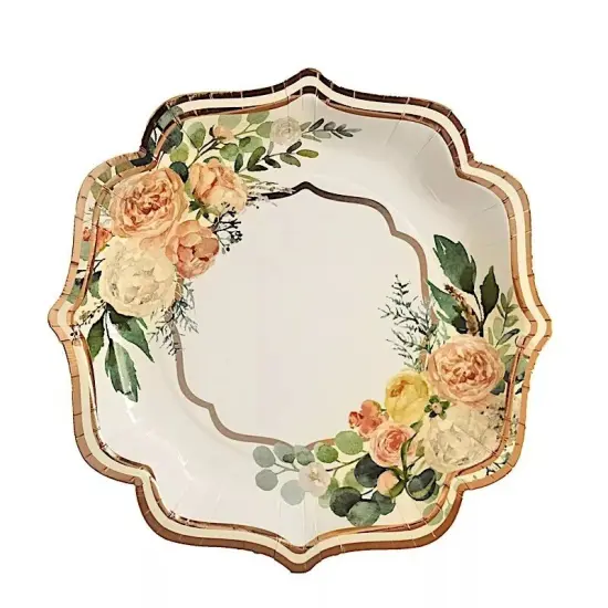 25 WHITE 10" Floral Paper Salad DINNER PLATES ROSE GOLD Scallop Rim Party Events {1}
