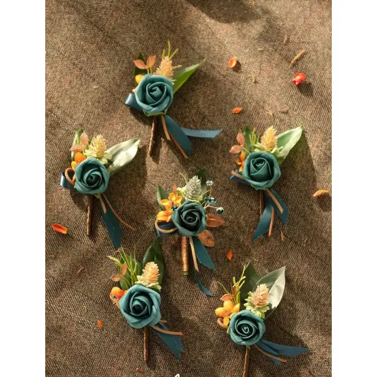 Boutonniere Set of 6 for Groom & Groomsmen Dark teal & burnt or {4}