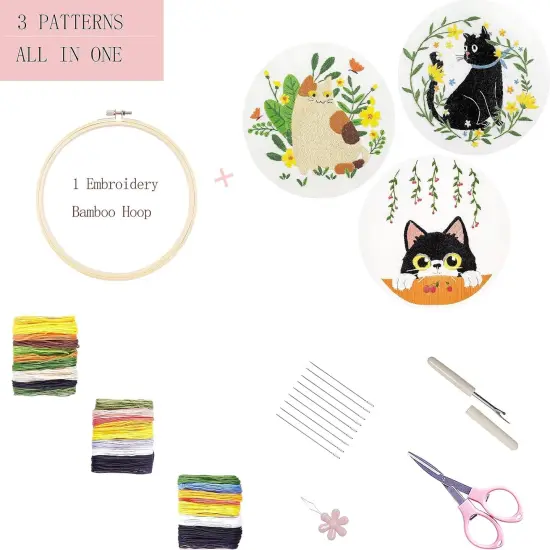 Embroidery Kit for Beginners, 3 Sets Embroidery Kit for Craft Lover Handy Stitch with Embroidery Fabric with Pattern,Full Range Accessories (Cats) Skill Practice {4}