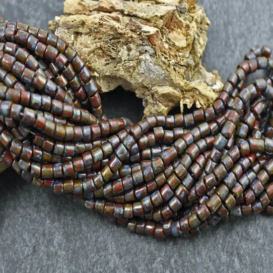 6/0 Aged Dark Red Picasso Bugle Tube Seed Bead Mix (21" Strand) {4}