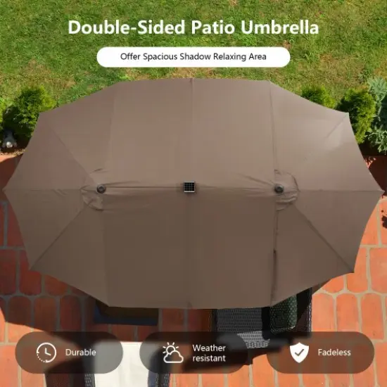 15 Ft Solar Led Patio Double-sided Umbrella Market Umbrella With Weight Base Coffee {1}