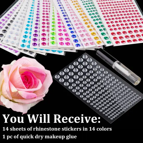 2758 Pieces of Rhinestone Stickers 3/4/5/6/8mm with 14 Colors Self Adhesive Face Gems, Stick on Body Crystal Jewels with Quick Dry Makeup Glue for Face Eye Hair Nails Make up and Craft DIY Decorations {5}
