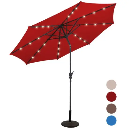 10 Feet Patio Solar Umbrella With Crank And Led Lights Dark Red {3}