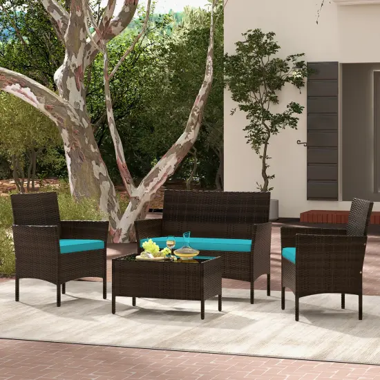 4 Piece Patio Rattan Conversation Set With Cozy Seat Cushions Turquoise {6}