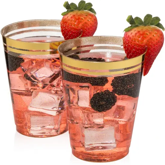 100 Premium 14oz Clear Glitter Gold Rim Plastic Cups {6}