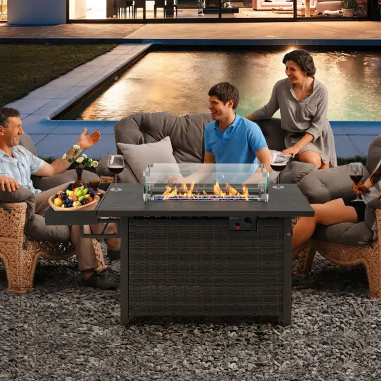 52 Inches Outdoor Wicker Gas Fire Pit Propane Fire Table with Cover Brown {2}