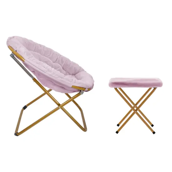 Emma and Oliver Ersa Oversize Folding Saucer Moon Chair and Ottoman for Dorm and Bedroom with Steel Frames DustyPurple/SoftGold {5}