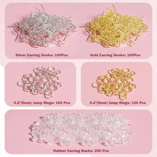 600 Pieces Hypoallergenic Earring Hooks, Earring Making Supplies Kit with Earring Hooks, Jump Rings and Earring Backs for Jewelry Making (Silver and Gold) {4}