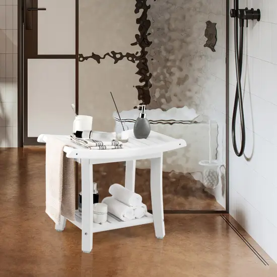 Waterproof Bath Stool with Curved Seat and Storage Shelf White {6}