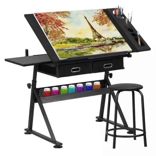 Drafting Drawing Table Tiltable Tabletop Workstation Adjustable Height w/Stool {1}
