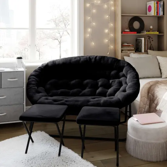 Emma and Oliver Janey Folding Double Saucer Chair with 2 Ottomans and Steel Frame for Dorm or Bedroom GrayFabric/SoftGold {7}