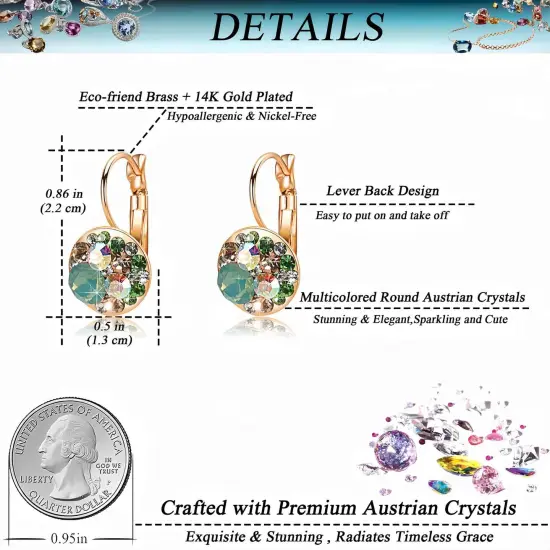 Multicolored Crystal Earrings for Women 14K Gold Plated Leverback Dangle Hoop Earrings (Green Opal+Aurora Borealis Crystal) {1}