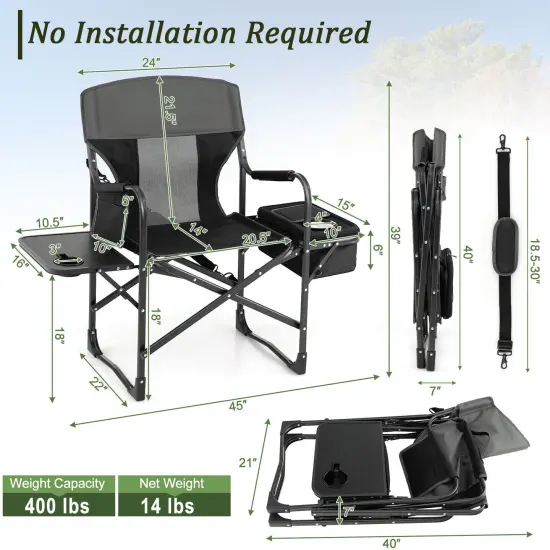 Folding Camping Directors Chair With Cooler Bag And Side Table Black {4}