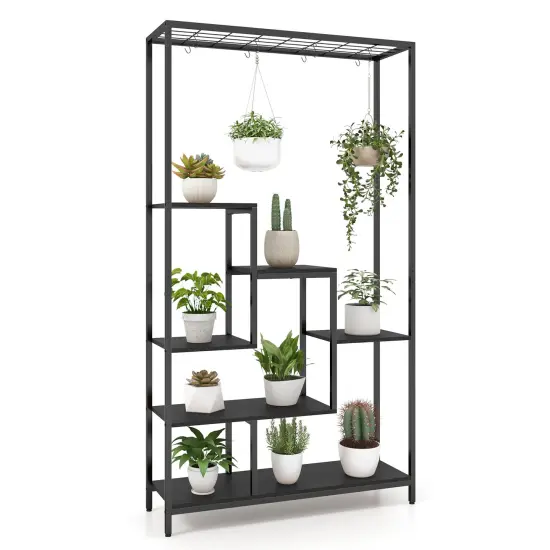 6-tier Tall Plant Stand 71" Metal Indoor Plant Shelf With 10 Hanging Hooks Black {3}