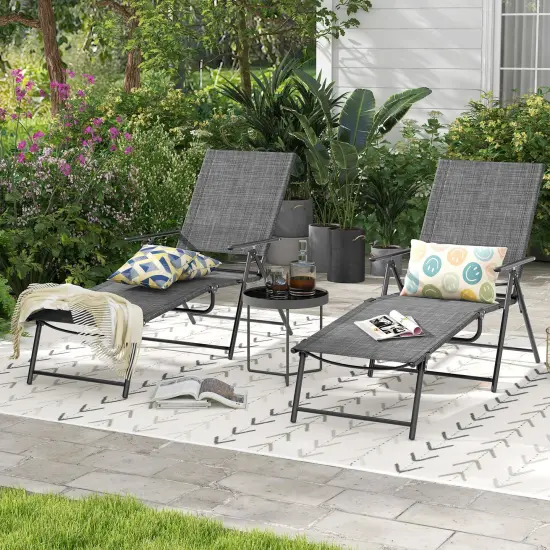 2 Piece Patio Folding Chaise Lounge Chairs Recliner With 6-level Backrest Grey {2}