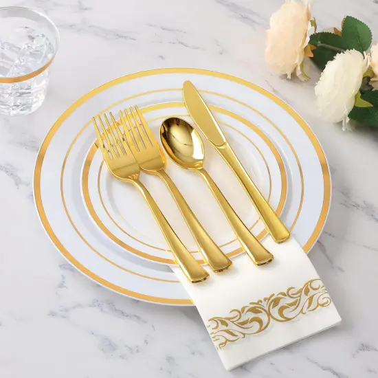 700 Piece Gold Disposable Dinnerware Set for 100 Guests {6}