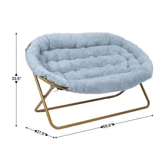 Emma and Oliver Janey Folding Double Saucer Chair with 2 Ottomans and Steel Frame for Dorm or Bedroom AquaFabric/SoftGold {4}