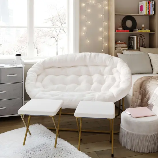 Emma and Oliver Janey Folding Double Saucer Chair with 2 Ottomans and Steel Frame for Dorm or Bedroom IvoryFabric/SoftGold {1}