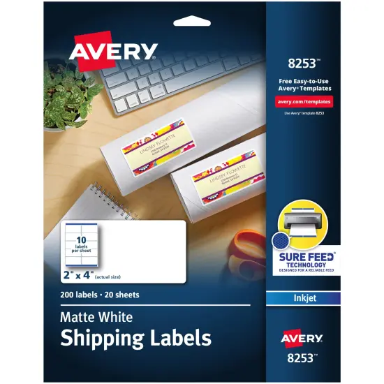 Avery White Shipping Labels, Sure Feed Technology, Permanent Adhesive, 2" x 4", 200 Labels (8253) {1}