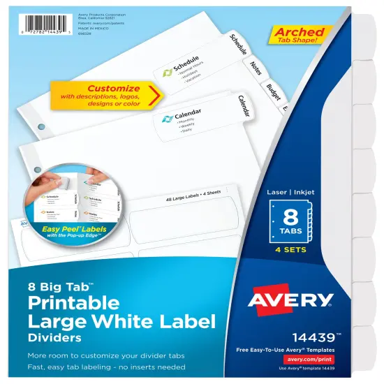 Avery Big Tab Printable Large White Label Dividers with Easy Peel, 8 Tabs, 4 Sets (14439) {1}