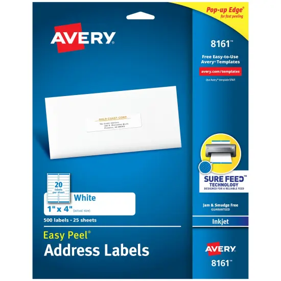 Avery Easy Peel Address Labels, Sure Feed Technology, Permanent Adhesive, 1" x 4", 500 Labels (8161) {1}