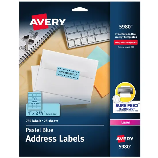 Avery Neon Address Labels with Sure Feed for Laser Printers, 1" x 2 5/8", 750 Pastel Blue Labels (5980) {1}
