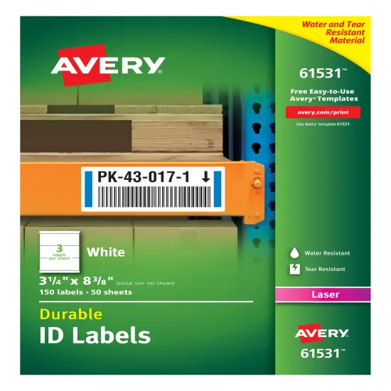 Avery Durable ID Labels, TrueBlock Technology, Permanent Adhesive, 3-1/4" x 8-3/8", 150 Labels (61531) {1}