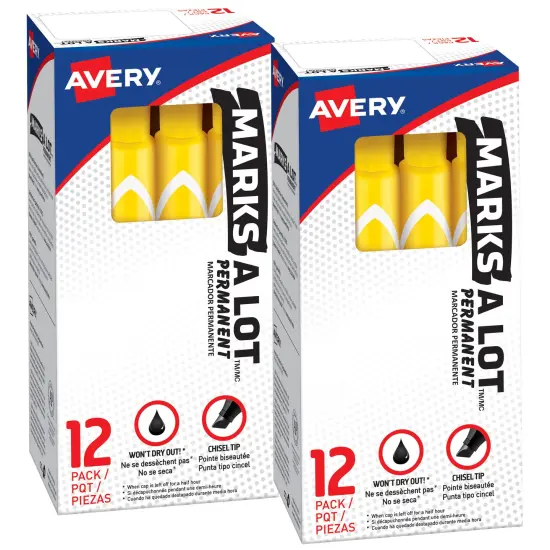 Avery Marks A Lot Permanent Markers, Chisel Tip, Large Desk-Style Size, 12 per Pack, 2 Packs, 24 Yellow Markers Total (50215) {2}