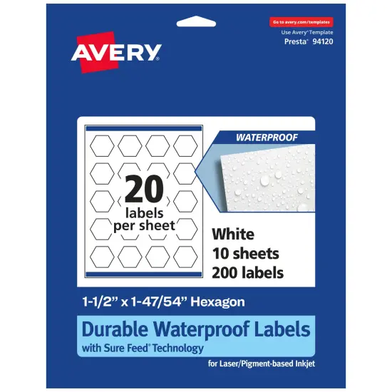 Avery Durable Waterproof Hexagon Labels with Sure Feed, 1-1/2" x 1-47/54" {7}