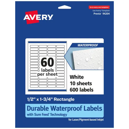 Avery Durable Waterproof Rectangle Labels with Sure Feed, .5" x 1.75" {1}