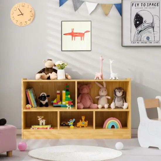 Kids 2-Shelf Bookcase with 5-Cube Wood Toy Storage Organizer Perfect for Children's Room or Bedroom Beige {4}