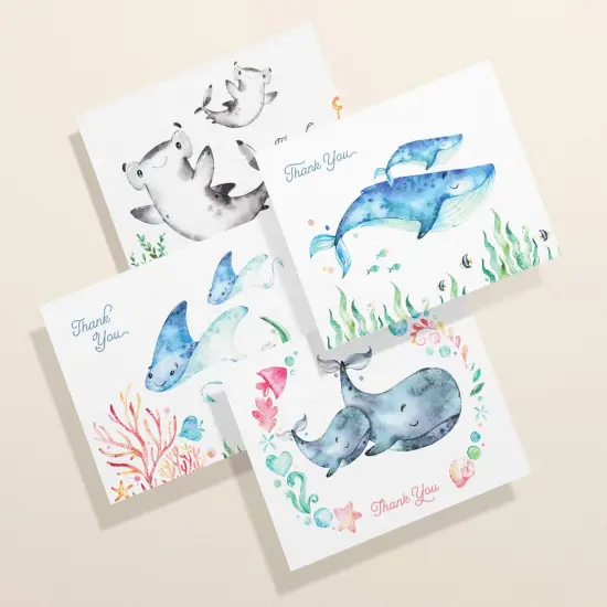 Baby Shower Thank You Cards | Blank Ocean Animal Greeting Cards | Eco Friendly | Assorted 12, 24 Set With Envelopes {1}