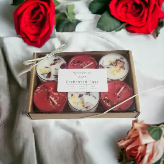 Enchanted Rose All Natural Soy Wax Tealights Hand Poured with Fragrant/Essential Oils and Dried Flowers! | Floral Tealights | Red & White {6}