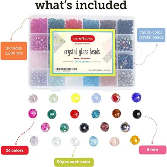 Incraftables Bicone Crystal Beads 1200pcs & Crackle Glass Beads 1100pcs 24 Colors 6mm with Elastic String & Organizer for Jewelry Making, Hair Accessories, Bracelets, & Crafts. {6}