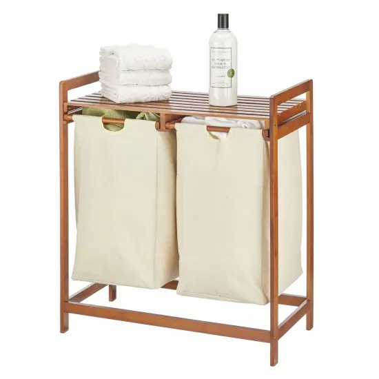 mDesign Bamboo Freestanding Double Laundry Basket Hamper Organizer {1}