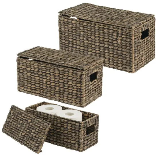 mDesign Woven Water Hyacinth Storage Basket, Lid/Handles, Set of 3 {1}