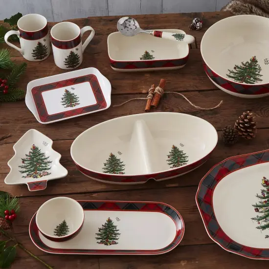 Spode Christmas Tree 8" x 4.25" Tartan Rectangle Server with Slotted Spoon {2}