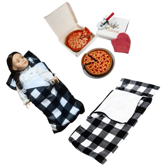 The Queen's Treasures 18" Doll 11 Pc Sleeping Bag Set and American Pizza Party. {1}