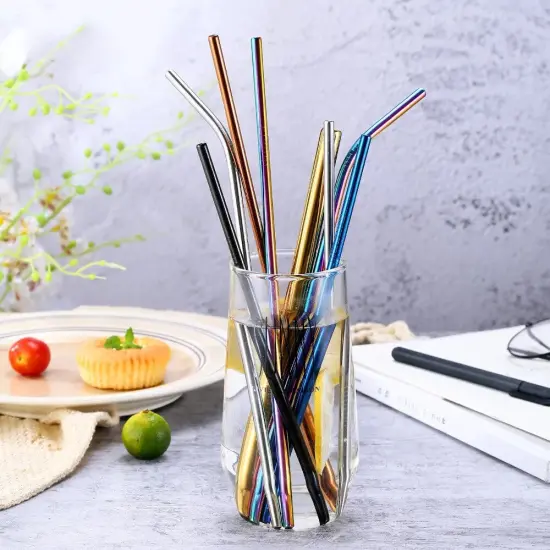 8-Piece 10.5" Stainless Steel Cocktail Straw Set with 2 Cleaning Brushes Blue {3}