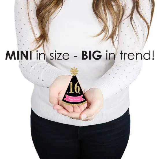 Big Dot of Happiness Chic 16th Birthday - Pink, Black and Gold - Mini Cone Birthday Party Hats - Small Little Party Hats - Set of 8 {4}