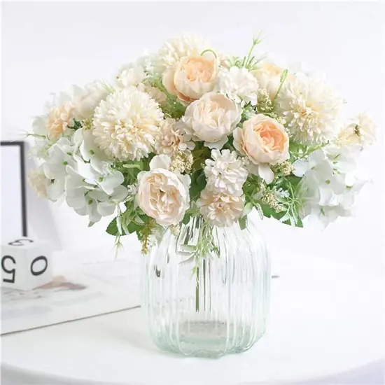 Artificial Flower Bunches, Fake Peony Silk Hydrangea Bouquet, Table Wedding Decor, Faux Flower Arrangements, White Champagne {1}