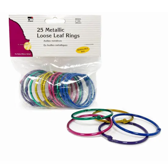 Loose Leaf Rings, 2" Diameter, Metallic Assorted Colors, 25 Per Pack, 3 Packs {5}