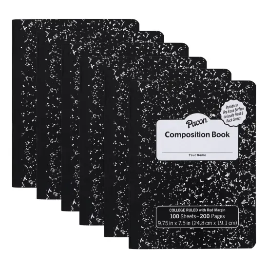 Composition Book, Black Marble, 9/32 in ruling with red margin 9-3/4" x 7-1/2", 100 Sheets, Pack of 6 {1}