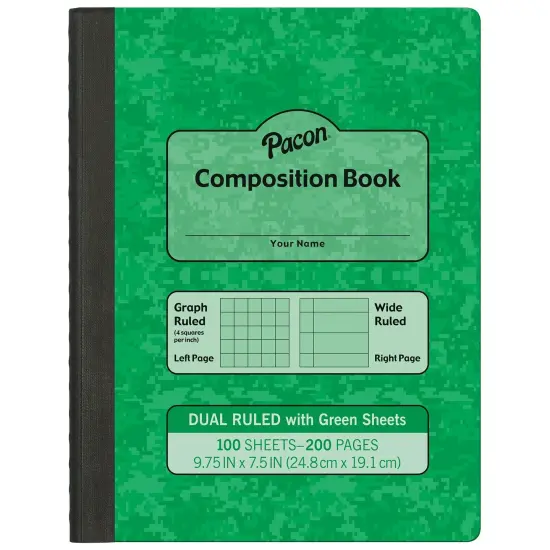 Dual Ruled Composition Book, Green, 1/4 in grid and 3/8 in (wide) 9-3/4" x 7-1/2", 100 Sheets, Pack of 6 {3}