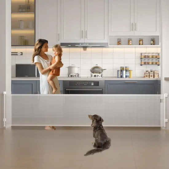 Retractable Baby Gate, Extra Wide Baby Gate for Large Opening Stairs, Doorway, Hallways, Adjustable Extra Long Retractable Gate Pet Gates for Dogs Mesh Child Gate, Indoor, Outdoor (118-White) {1}