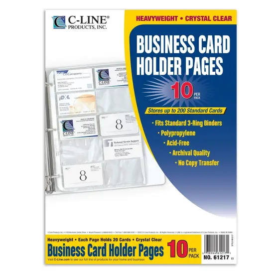 Business Card Holder, Poly without Tabs, Holds 20 Cards/Page, 11-1/4" x 8-1/8", 10 Per Pack, 10 Packs {3}