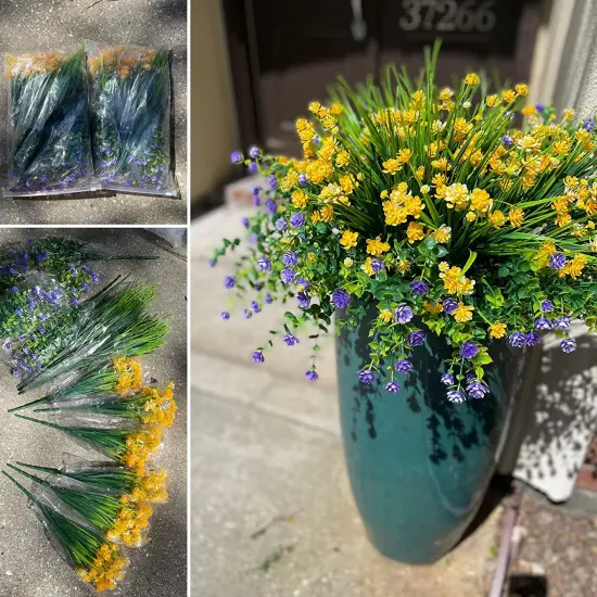 9pcs Artificial Flowers, UV Resistant Faux Outdoor Flowers, Fake Plastic Flowers for Hanging Planter Porch Window Garden Decoration Yellow Purple Green {5}