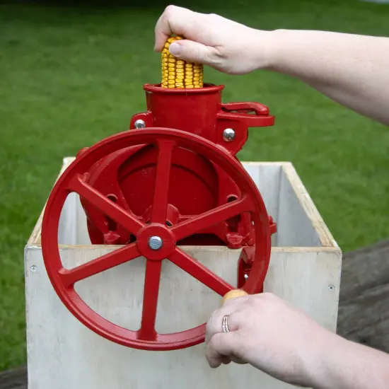 Lehman's Corn Kernel Sheller with Flywheel Pulley, Clamp On Cast Iron Non Electric Walnut Huller, Vintage Style, Red {6}