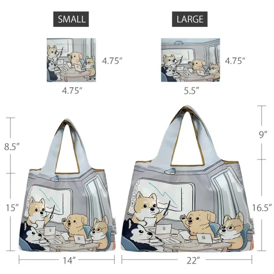 Wrapables Large & Small Foldable Tote Nylon Reusable Grocery Bags, Set of 2, Dogs Rule {2}