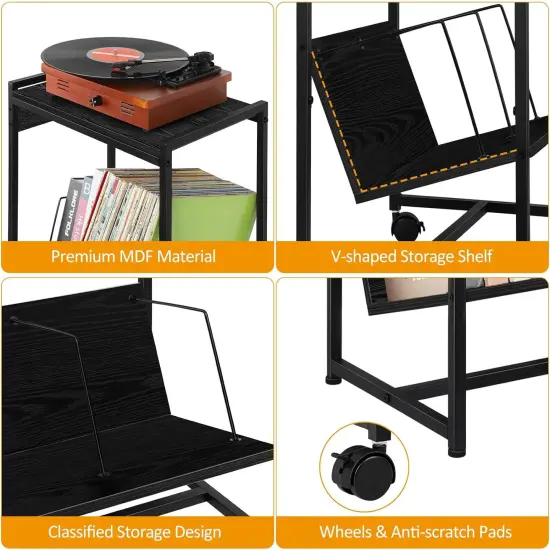 Record Player Holder Stand End Table with Vinyl Storage Black {3}